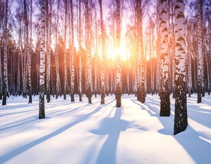 Striking sunset through birch trees, casting long shadows across snow-covered ground in a serene winter forest scene