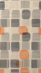 Abstract geometric wall art featuring minimalist black line patterns and grey rectangles with a central orange circle on a warm cream background for modern decor.