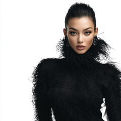 Fashion portrait of woman wearing black feather outfit on white background