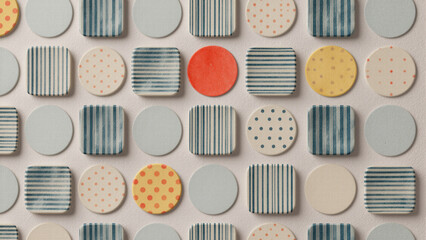 Minimalist geometric pattern composed of textured ceramic circles and squares in soft tones with dots and stripes for modern interior tile design inspiration.