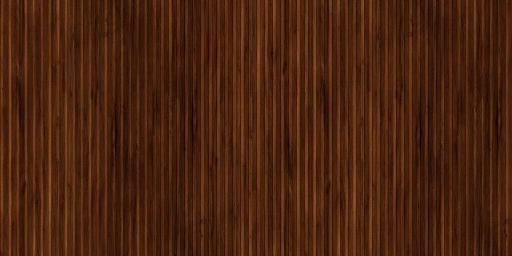 Dark walnut wood slat wall texture, vertical timber fluted panel background, elegant brown wooden lath surface for interior design and architectural 3D rendering