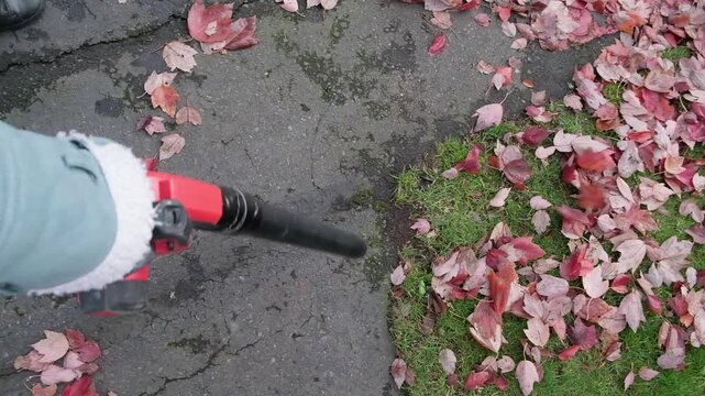 Clearing away leaves with a cordless leaf blower