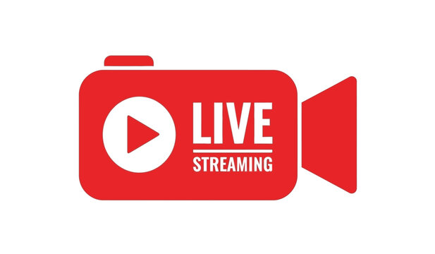 Red live streaming camera icon with white play button and text