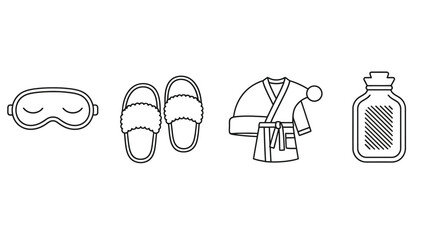 Essential collection of black and white line icons representing cozy comfort items for relaxation and bedtime including a sleep mask fuzzy slippers a robe and a hot water bottle