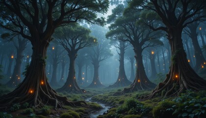 A bizarre forest where fireflies whirl in twilight mist and trees grow upside down with gently glowing roots