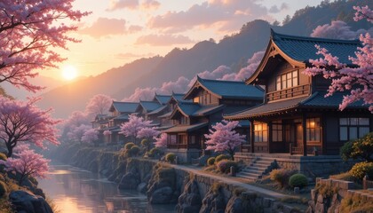 Obraz premium A serene Japanese village at dawn, with warm light filling wooden homes and cherry blossoms gently falling