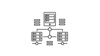 Simplified line icon illustrating distributed database architecture connecting a central mobile device interface with multiple clustered server racks for scalable data management systems.
