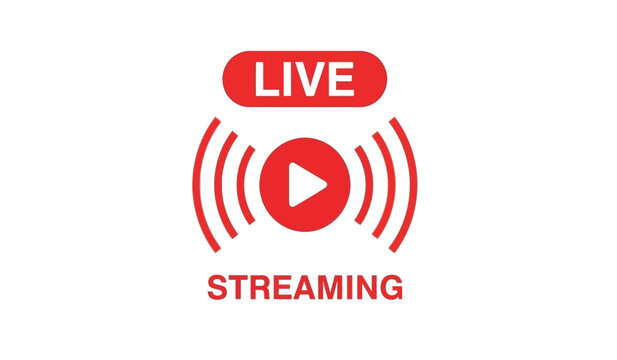 Red live streaming icon with play button on for online video broadcast
