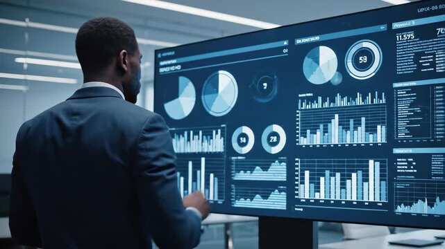 Businessman interacting with futuristic digital data dashboard display