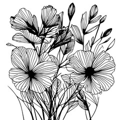 Chaotic botanical black line art depicting wild abstract flowers with messy flowing lines &mdash; artistic ink illustration on plain white background