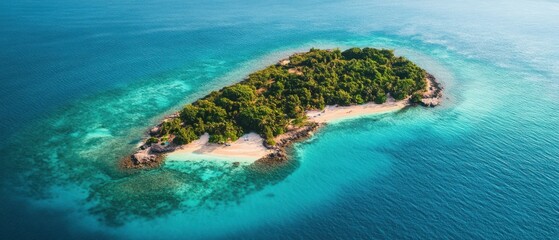 Fototapeta premium Tropical Island With Lush Green Forest Surrounded By Turquoise Blue Ocean Waters trees