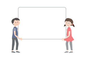 大きな空白のボードを持つ男の子と女の子
