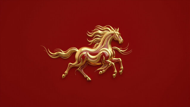 Elegant golden horse sculpture with flowing mane on a vibrant red background representing prosperity and success for Chinese New Year or luxury branding.