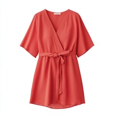 vibrant coral wrap dress featuring short sleeves and a stylish tie waist for a chic and comfortable look.