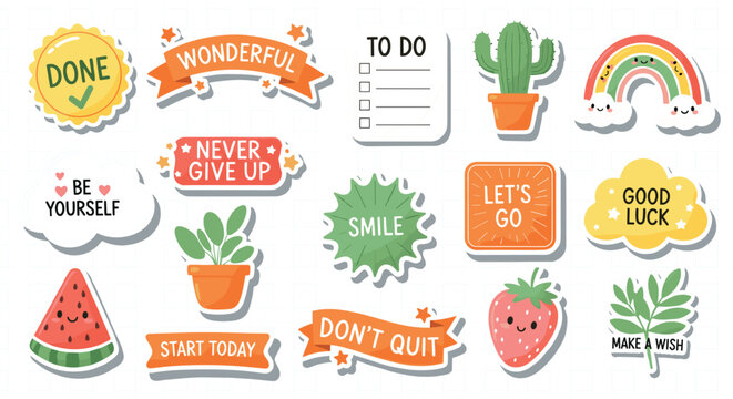 Cute motivational sticker set with inspirational quotes, rainbow, cactus, and fruit characters for planner and scrapbooking isolated on grid background