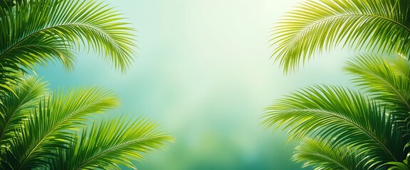 Fototapeta premium Palm leaves tropical framing background with lush greenery