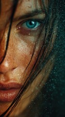 Obraz premium Intense Blue Eye Close-Up, Capturing Emotion Through Water and Light in a Stunning Portrait