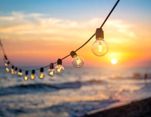 String lights glow softly over ocean waves at sunset, blurring into the horizon's warm, golden colors