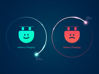 Electric vehicle (EV) UI with minimalist EV charging connector plug showcasing Feeling Faces Status Charging, Low in circles movement vector illustration design concept. EV charging dashboard for ui.