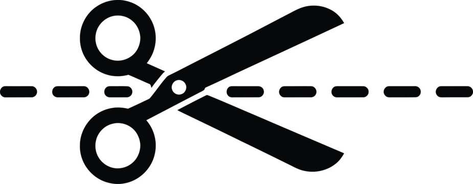 Black silhouette of scissors cutting a dashed line, icon representing cutting, trimming, or perforation