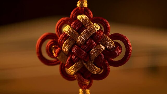 Cinematic macro push-in on intricate red gold auspicious knotwork charm with delicate silk threads