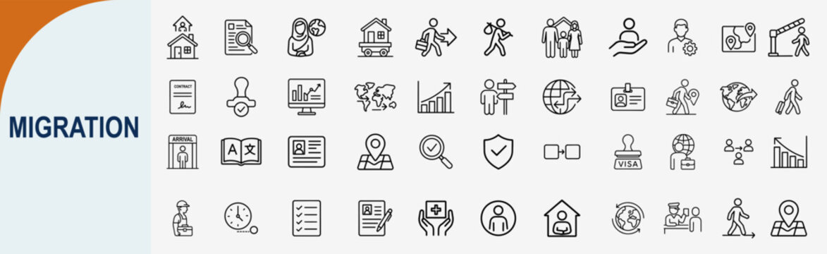 Human migration and immigration line icons set for international refugee relocation