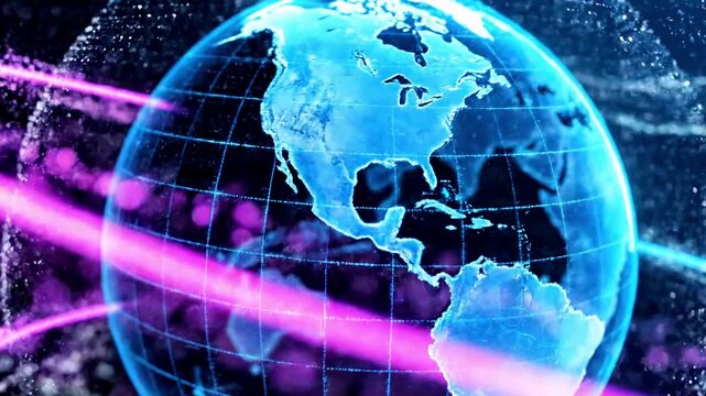 Glowing blue digital earth rotating in space with purple and blue orbital lines surrounding the sphere representing global technology network