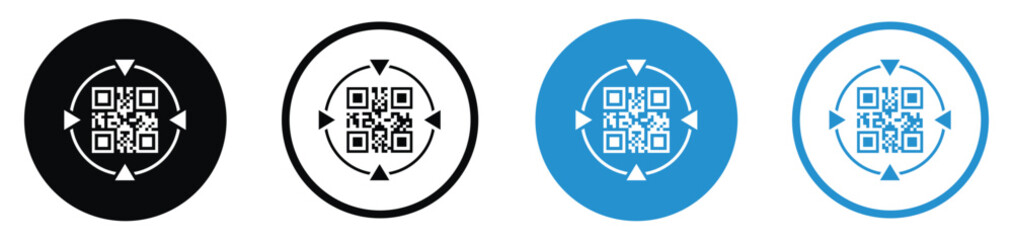 Obraz premium Set of QR code vector icons in different styles. Minimalist square matrix barcodes inside circular borders in black and blue, ideal for digital payments, scanning, and mobile link identification.