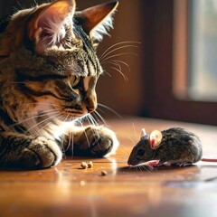 Striped cat attentively eyes a tiny brown mouse on a shiny wood floor, bathed in warm sunlight from a nearby window