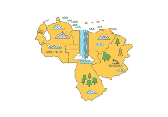 Stylized map of Venezuela featuring iconic natural wonders, diverse landscapes, and key economic elements in a vibrant illustration