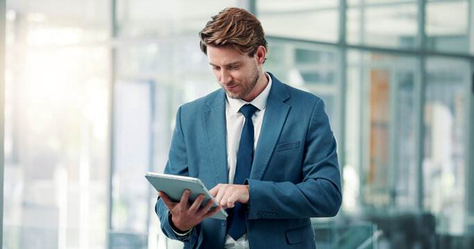 Scroll, online and businessman with tablet, office and risk assessment on web or financial analysis. Investment banker, typing and person with tech for wealth management, project and research on app - Powered by Adobe