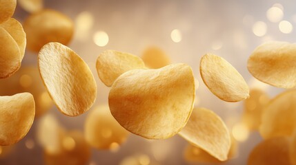 Potato chips floating in mid-air with a blurred golden background, showcasing their crispy texture and round shape, ideal for snack food imagery and culinary presentations