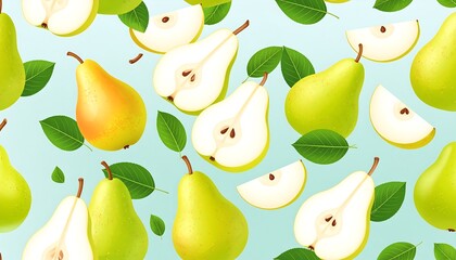 Obraz premium Fresh Pears and Slices Pattern on Light Blue Background.