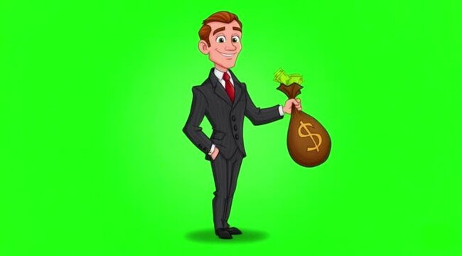 Cartoon businessman dance with money bag on green screen background.