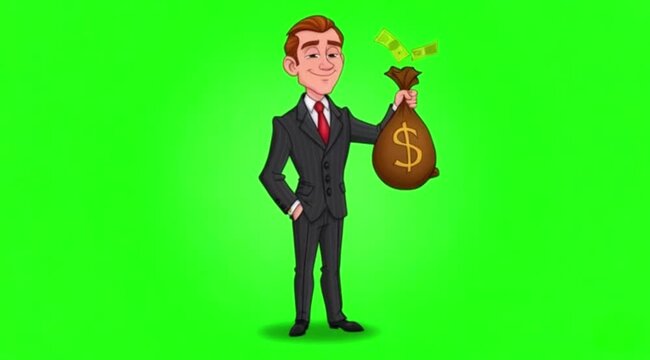 Cartoon businessman dance with money bag on green screen background.
