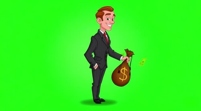 Cartoon businessman dance with money bag on green screen background.