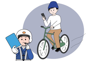 スマホを見ながら自転車に乗る男性に青切符を出す警察官