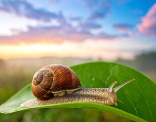 Snail on a vivid green leaf with a beautiful sunset in the background on a summer day
