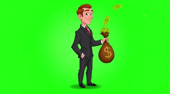 Cartoon businessman dance with money bag on green screen background.