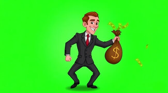 Cartoon businessman dance with money bag on green screen background.