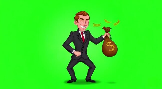 Cartoon businessman dance with money bag on green screen background.