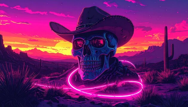 Neon skull cowboy at sunset in desert landscape