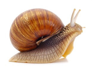 Snail side view, showcasing brown and tan shell stripes, creamy body, against a pure white background
