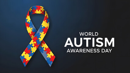 Autism awareness day poster featuring a colorful puzzle ribbon on blue background