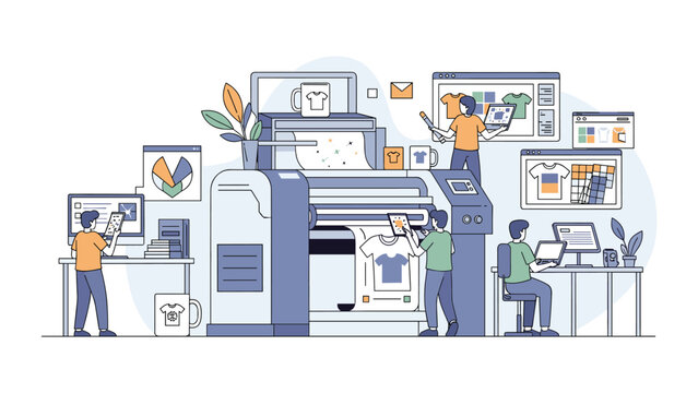 Professional workers operate large textile machines and design graphics for custom t-shirt printing in a modern industrial factory setting.