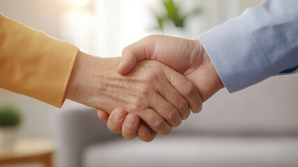 Senior couple handshake agreement trust partnership closeup indoors