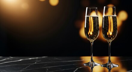 Obraz premium Two elegant champagne glasses standing on a marble table with sparkling golden bokeh lights for a luxurious celebration concept, perfect for The Oscars with a festive atmosphere