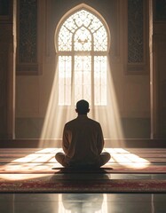 Muslim Man Praying Inside Mosque with Sunlight During Ramadan
