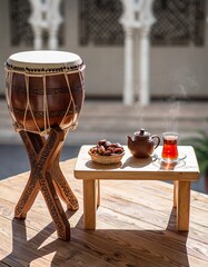 Traditional Ramadan Still Life with Drum, Tea and Dates
