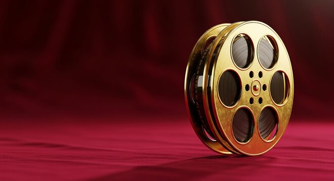 Luxurious golden film reel icon prominently displayed on a vibrant red velvet, representing the essence of cinematic achievement and awards gala concept